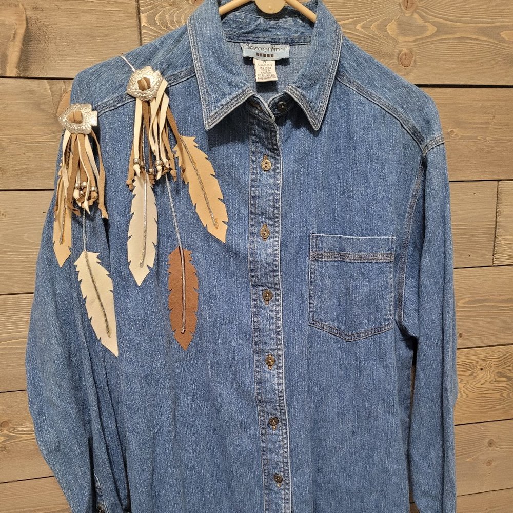 Vintage Denim Western Shirt with Fringe and Feathers Sz M Women
